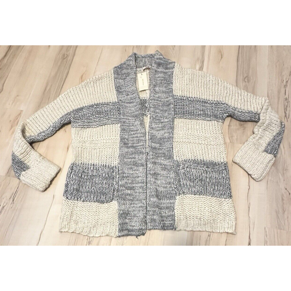 Skies Are Blue Medium Cardigan Open‎ Front Chunky Knit Cream Gray Stripe New